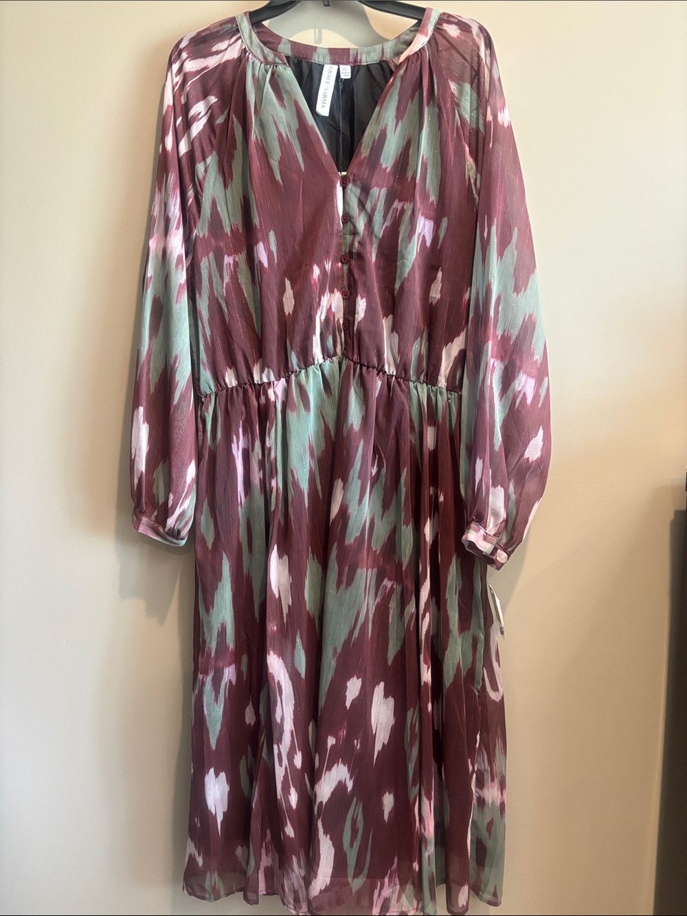 Button-Front Long Sleeve Midi Dress in Mauve and Sage